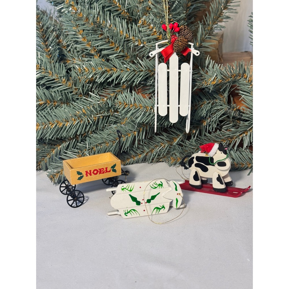 Christmas Ornaments Multicolor Vintage Sled Wagon Cow Set 4